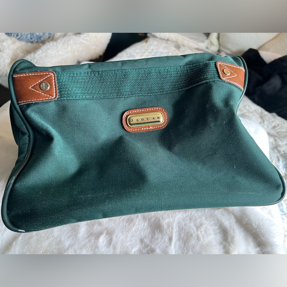 Vintage Jaguar Green Canvas Travel Toiletry / Dopp Kit Bag Leather carry on bag